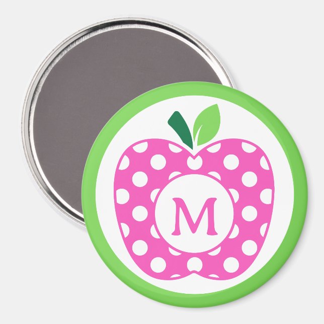 Preppy Pink and Green Polka Dot Apple Monogram Magnet (Front/Back)
