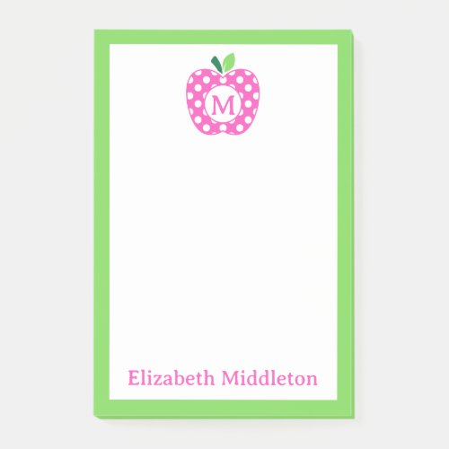 Preppy Pink and Green Polka Dot Apple Monogram Post_it Notes