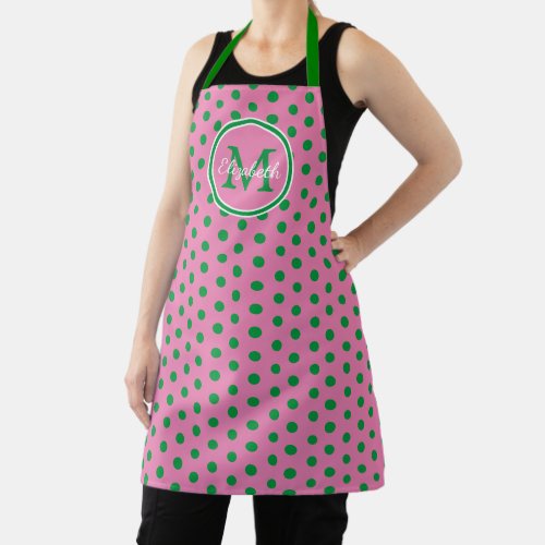 Preppy Pink and Green Polka Dot Monogram Apron