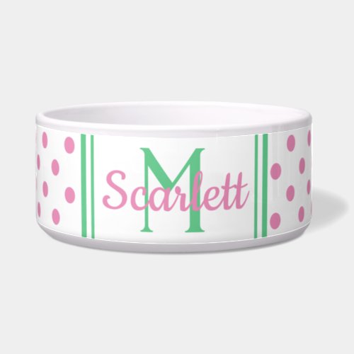 Preppy Pink and Green Polka Dot Monogram Bowl