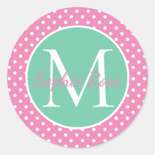 Preppy Pink and Green Polka Dot Monogram Classic Round Sticker