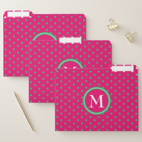 Preppy Pink and Green Polka Dot Monogram File Folder