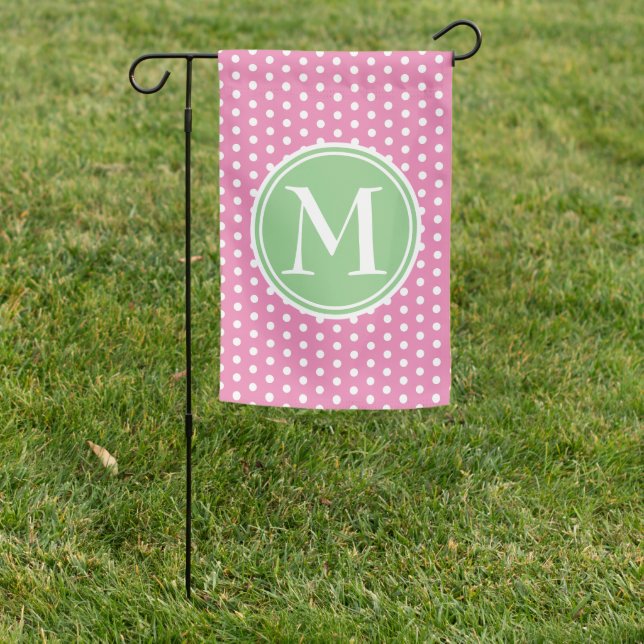 Preppy Pink and Green Polka Dot Monogram Garden Flag (In SItu)