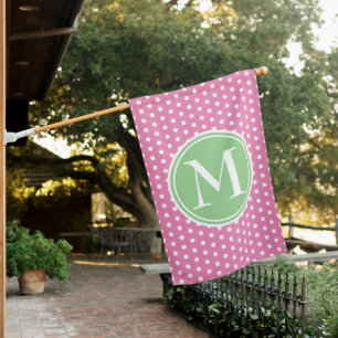 Preppy Pink and Green Polka Dot Monogram House Flag