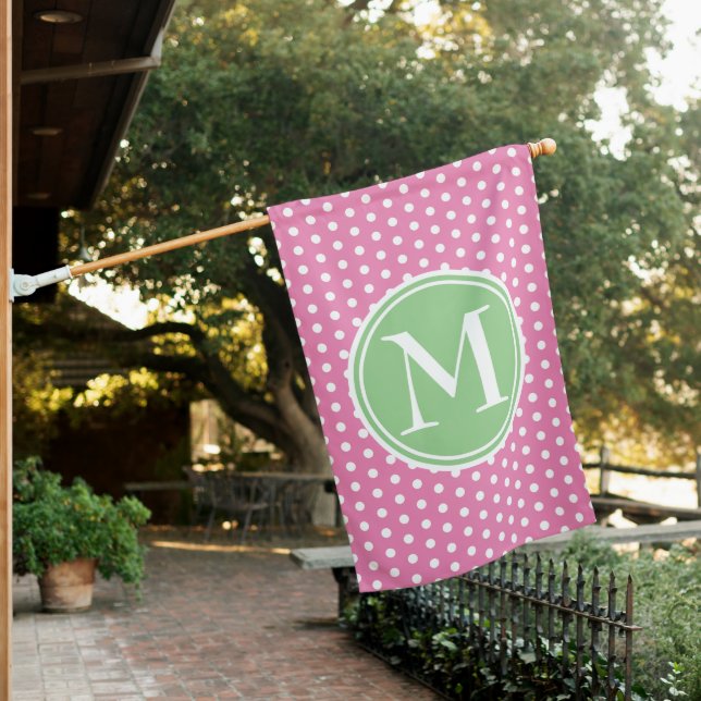 Preppy Pink and Green Polka Dot Monogram House Flag (In SItu)
