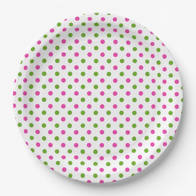 Preppy Pink and Green Polka Dots on White Paper Plates (Front)