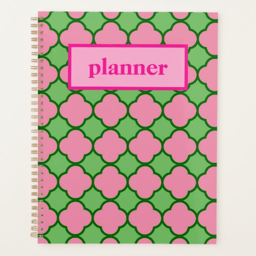Preppy Pink and Green Quatrefoil Planner