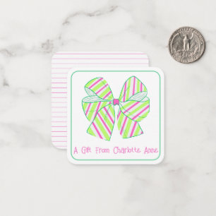 Preppy Pink and Green Stripe Bow Personalized Note Card