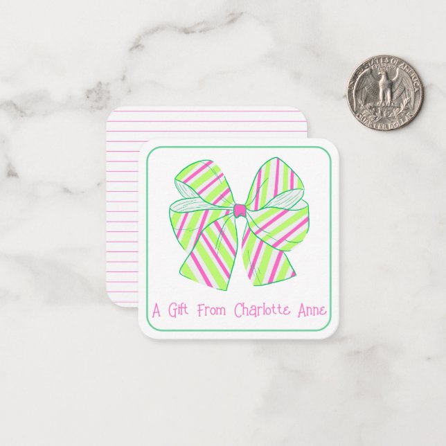 Preppy Pink and Green Stripe Bow Personalized Note Card (Front/Back In Situ)