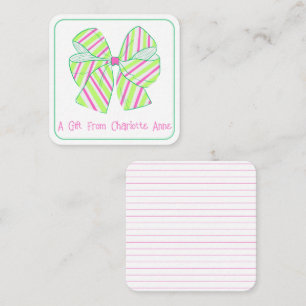 Preppy Pink and Green Stripe Bow Personalized Note Card