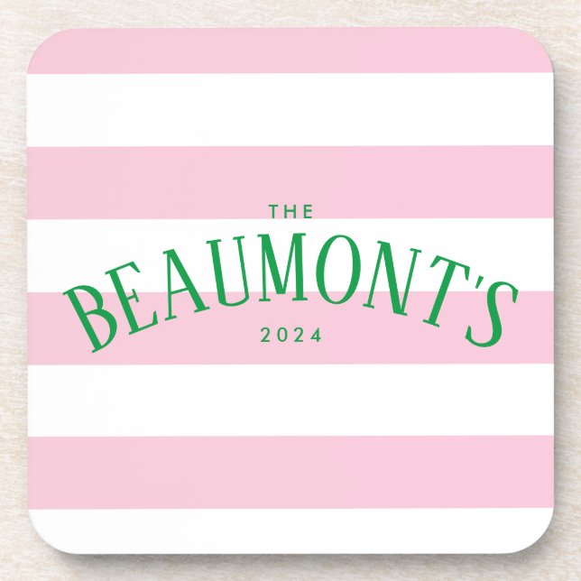 Preppy Pink and Green Stripe Couple Engagement Beverage Coaster (Front)