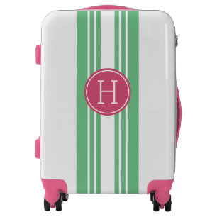 Preppy Pink and Green Stripe Monogram Luggage