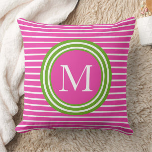 Preppy Pink and Green Stripe Monogram Throw Pillow