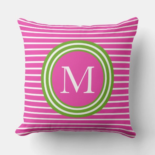 Preppy Pink and Green Stripe Monogram Throw Pillow