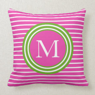 Preppy Pink and Green Stripe Monogram Throw Pillow