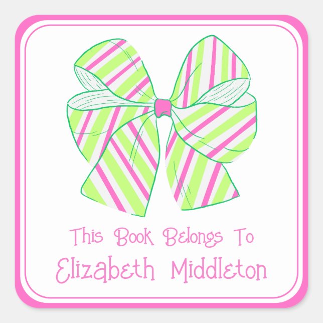 Preppy Pink and Green Striped Bow Bookplate (Front)