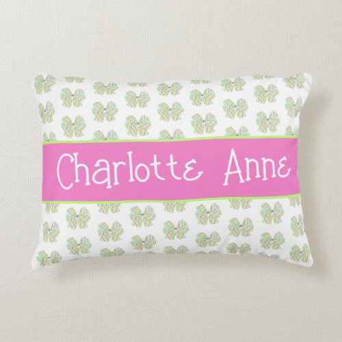 Preppy Pink and Green Striped Bow Personalized Accent Pillow