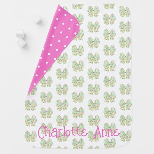 Preppy Pink and Green Striped Bow Personalized Baby Blanket