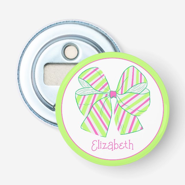 Preppy Pink and Green Striped Bow Personalized Bottle Opener (Front)