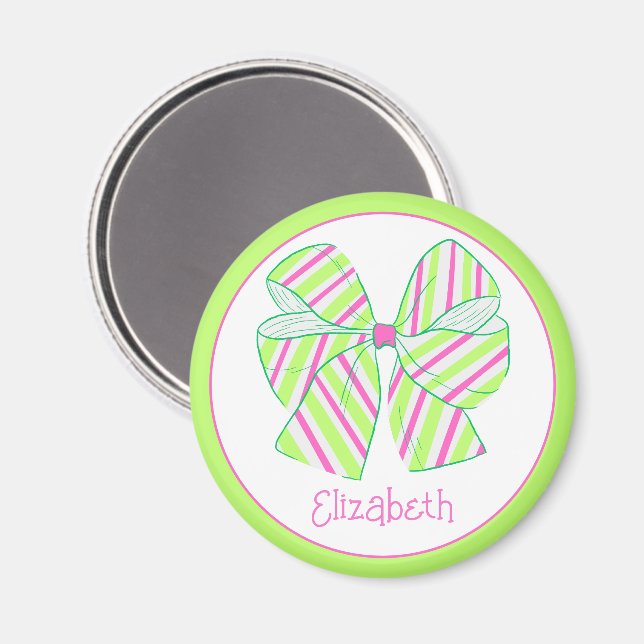 Preppy Pink and Green Striped Bow Personalized Magnet (Front/Back)
