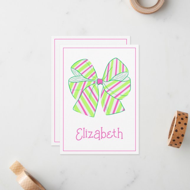 Preppy Pink and Green Striped Bow Personalized Note Card (Front/Back In Situ)