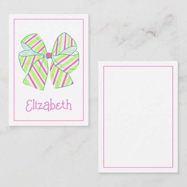 Preppy Pink and Green Striped Bow Personalized Note Card (Front/Back)