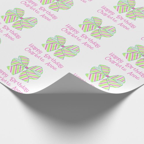 Preppy Pink and Green Striped Bow Personalized Wrapping Paper