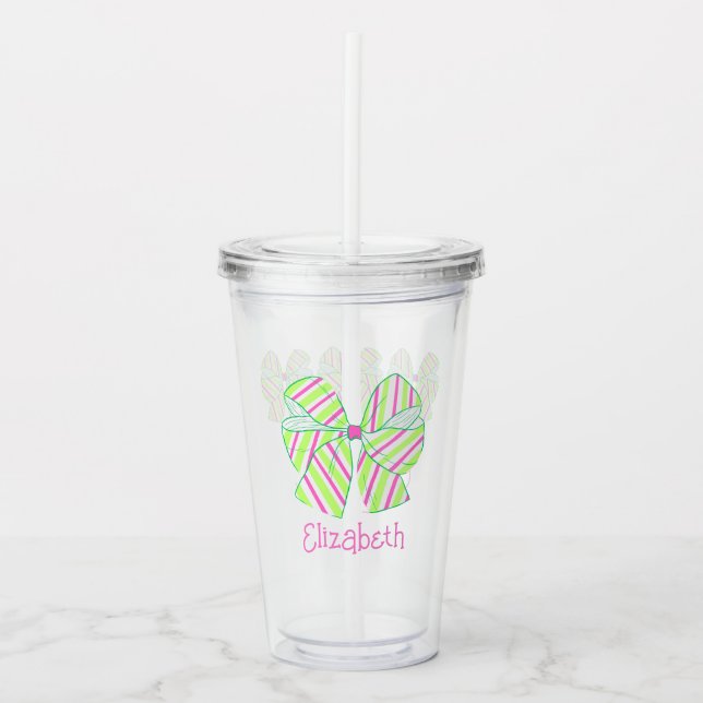Preppy Pink and Green Striped Bows Personalized Acrylic Tumbler (Front)