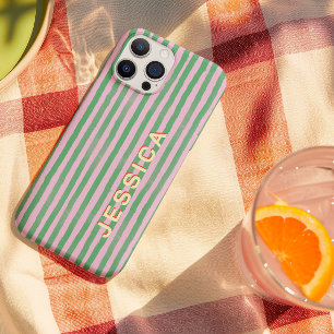 Preppy Pink and Green Striped Custom Name iPhone 15 Pro Case