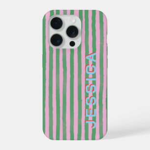 Preppy Pink and Green Striped Custom Name iPhone 15 Pro Case