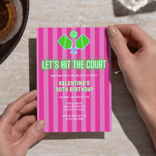 Preppy Pink and Green Striped Pickleball Birthday Invitation