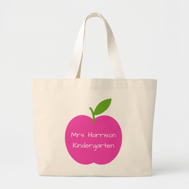 Preppy Pink and Green Teacher's Apple Personalized Large Tote Bag (Front)