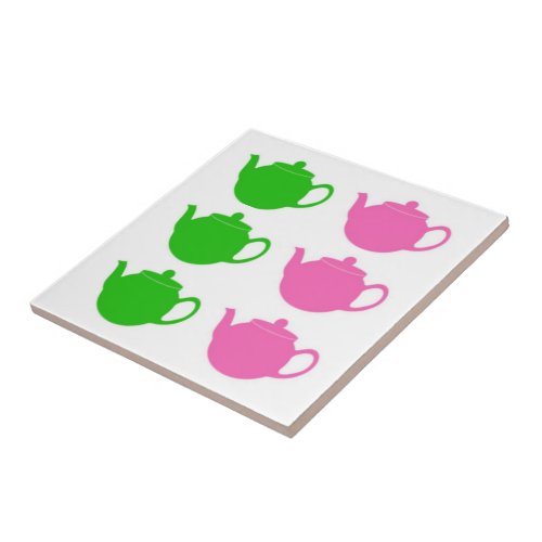 Preppy Pink and Green Teapots Ceramic Tile