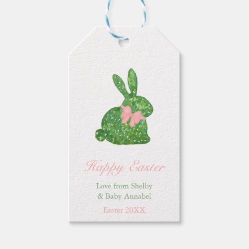 Preppy Pink And Green Topiary Bunny Easter Shower Gift Tags - Handpainted boxwood bunny wearing a cute pink bow. Elements handpainted by me in watercolors onto 100% cotton paper and scanned into digital form. This design could be used as Easter gift tags or as favor tags for an Easter-time shower or party. 