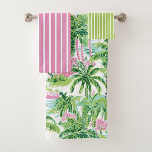 Preppy Pink and Green Tropical Palm Tree Bath Towel Set