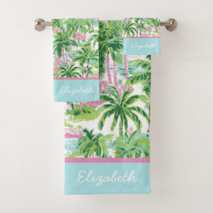Preppy Pink and Green Tropical Palm Tree Bath Towel Set