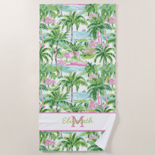 Preppy Pink and Green Tropical Palm Tree Monogram Beach Towel
