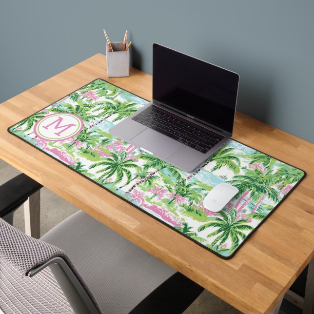 Preppy Pink and Green Tropical Palm Tree Monogram Desk Mat (Office 2)