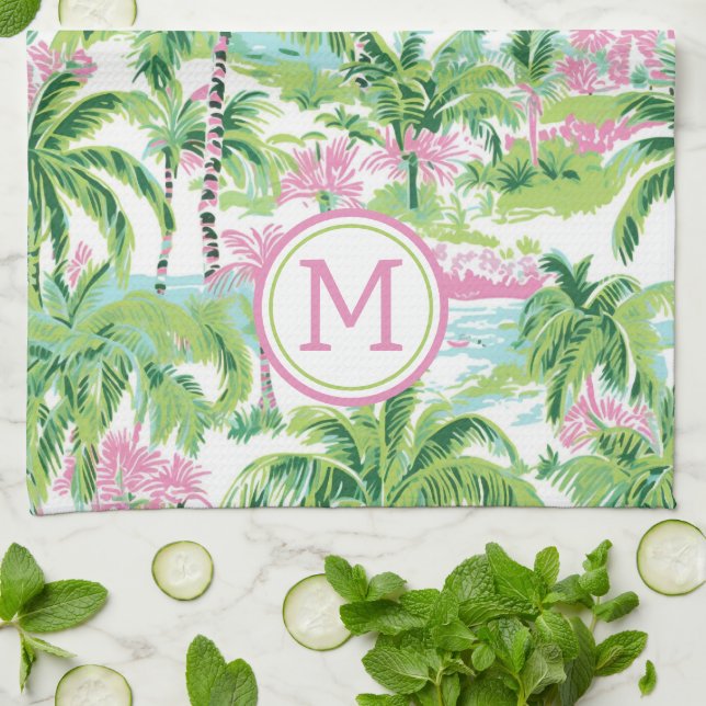 Preppy Pink and Green Tropical Palm Tree Monogram Kitchen Towel (Folded)