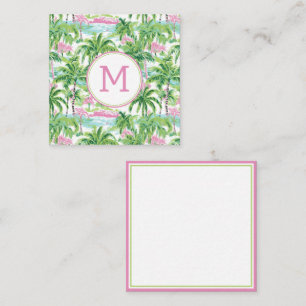 Preppy Pink and Green Tropical Palm Tree Monogram Note Card