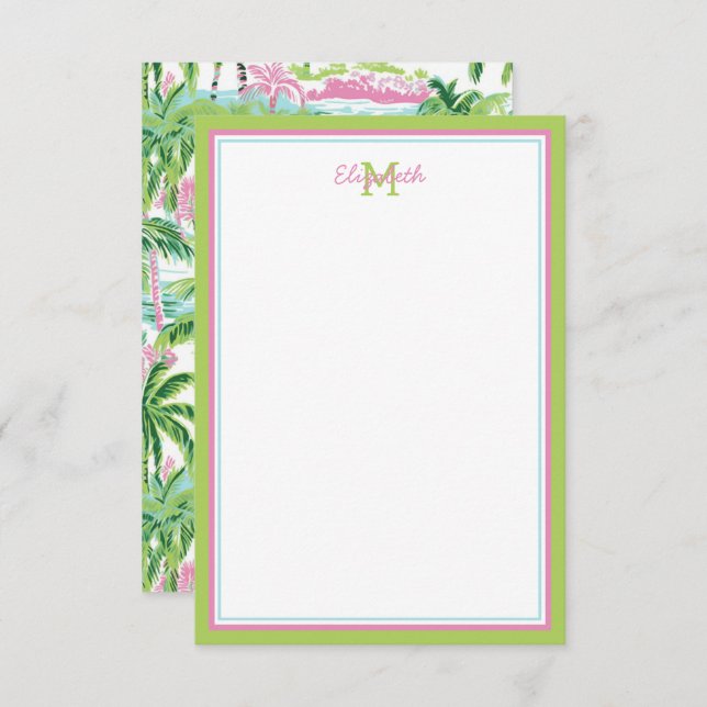Preppy Pink and Green Tropical Palm Tree Note Card (Front/Back)