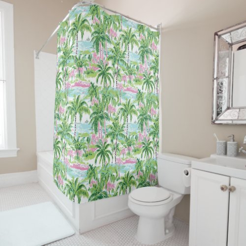 Preppy Pink and Green Tropical Palm Tree Shower Curtain