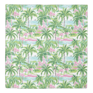Preppy Pink and Green Tropical Palm Trees Duvet Cover