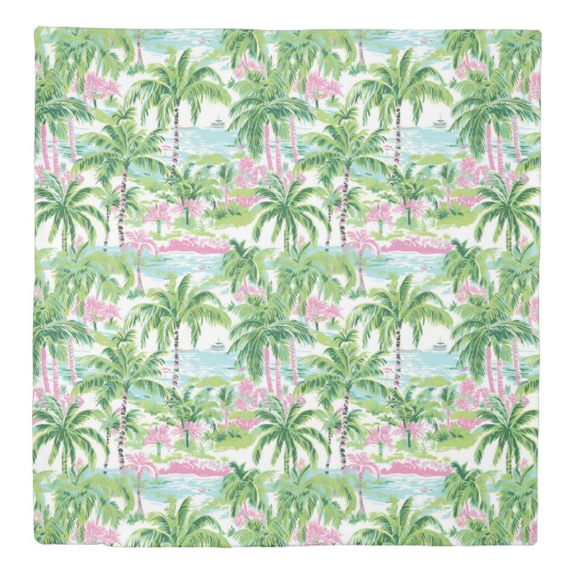 Preppy Pink and Green Tropical Palm Trees Duvet Cover (Front)