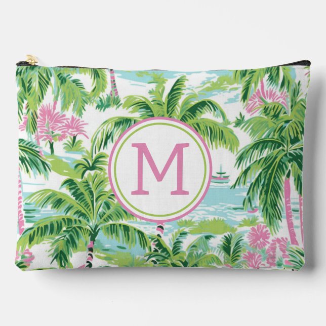 Preppy Pink and Green Tropical Palm Trees Monogram Accessory Pouch (Front)