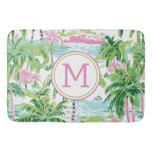 Preppy Pink and Green Tropical Palm Trees Monogram Bath Mat