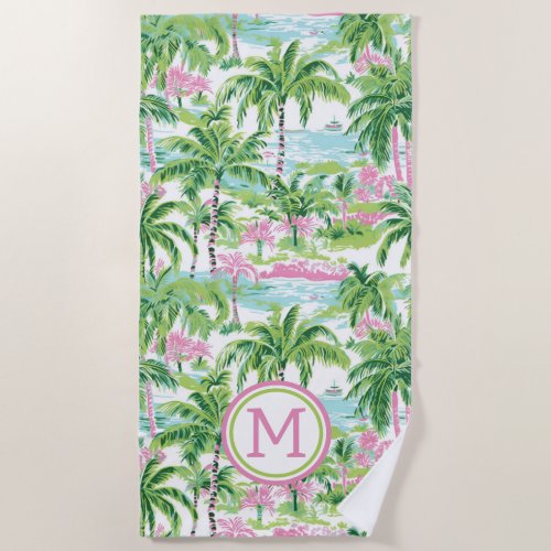 Preppy Pink and Green Tropical Palm Trees Monogram Beach Towel