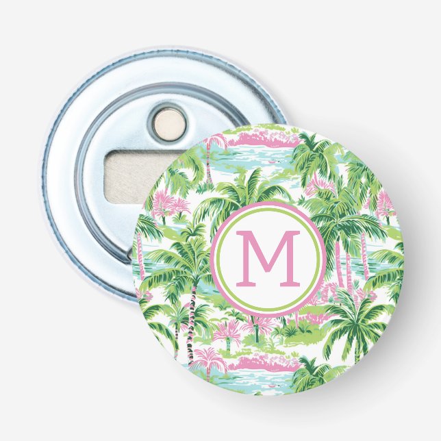 Preppy Pink and Green Tropical Palm Trees Monogram Bottle Opener (Front)
