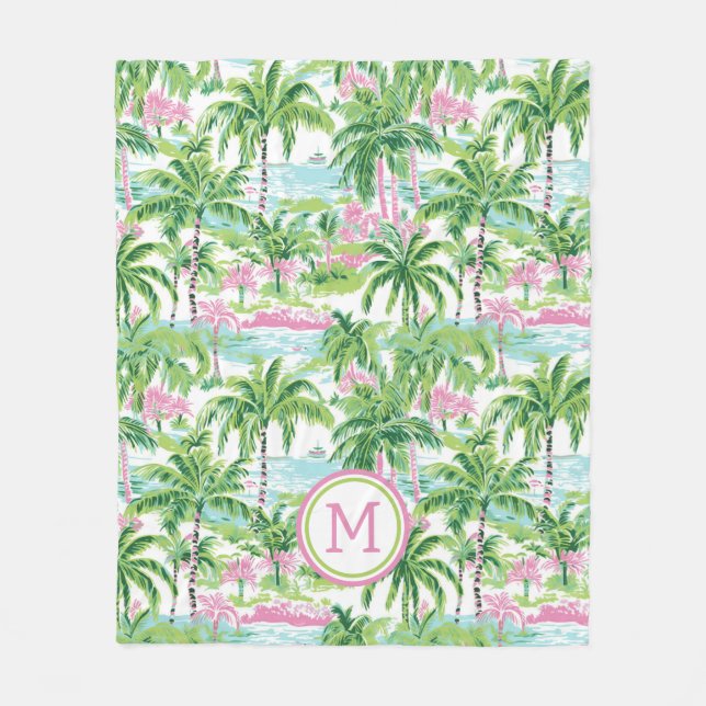 Preppy Pink and Green Tropical Palm Trees Monogram Fleece Blanket (Front)