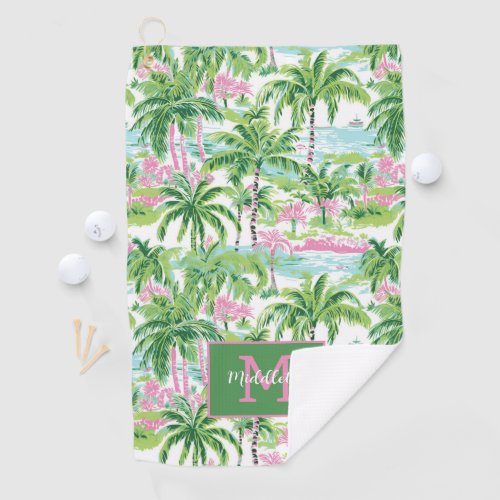 Preppy Pink and Green Tropical Palm Trees Monogram Golf Towel